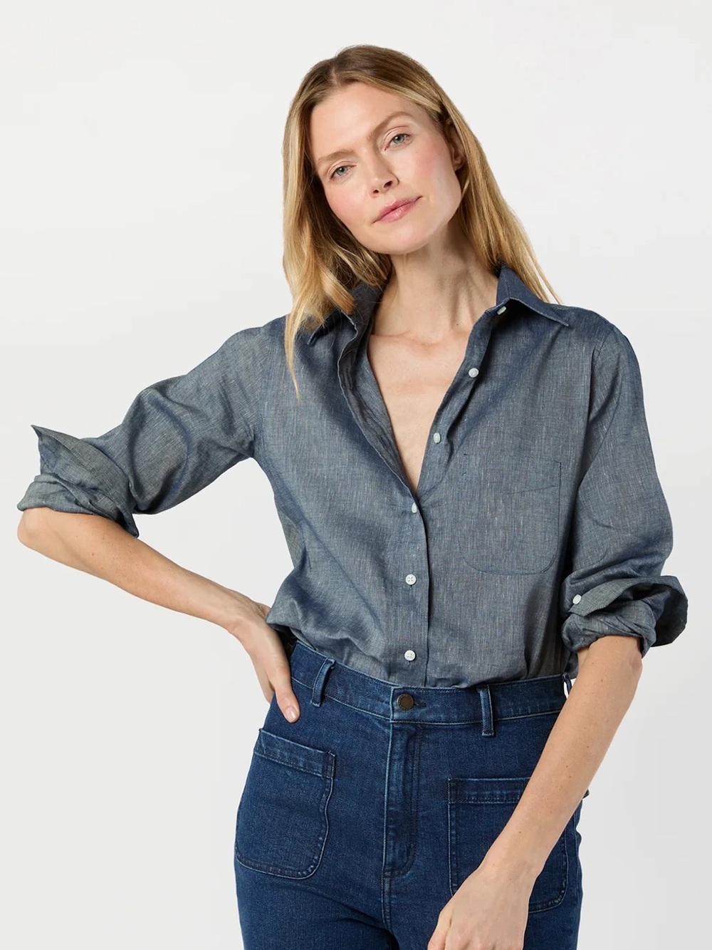 Ann Mashburn Boyfriend Shirt in Indigo Blue Cotolino Chambray Size Medium